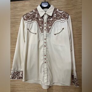 Large Western Scully Cream and Brown Pearl Snap Shirt